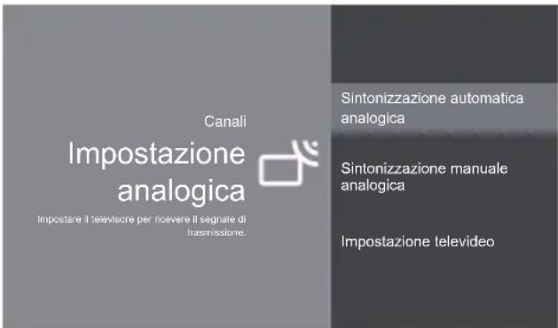 Canali Impostazione analogica Impostare il televisore per rioevere il segnale di trasmissione. Sintonizzazione automatica analogica Sintonizzazione manuale analogica Impostazione televideo