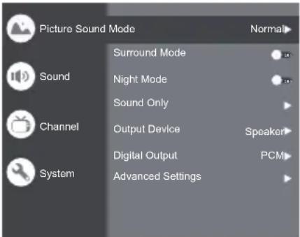 Picture Sound Mode Normal Surround Mode Sound Night Mode Sound Only Channel Output Device Speaker Digital Output PCM System Advanced Settings