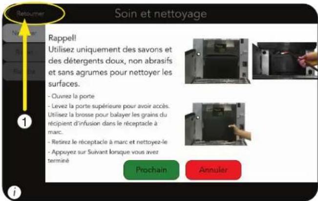 Soin et nettoyage Rappell Utilisez uniquement des savons et des détergents doux, non abrasifs et sans agrumes pour nettoyer les surfaces. - Ouvrez la porte - Levez la porte supérieure pour avoir accès. Utilisez la brosse pour balayer les grains du récipient d'infusion dans le réceptacle à marc. - Re…