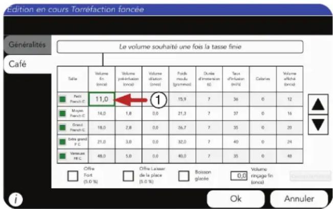 Edition en cours Torréfaction foncée Généralités Le volume souhaité une fois la tasse finie Café Telle Volume Fin (mmol) Volume préinfection (mmol) Volume dilution (mmol) Fonds menu (grommeil) Ductée d'intervention (0) Taux d'intervention (mlr) Calories Volume alléché (mmol) Paisn French C: 11,0 Maj…