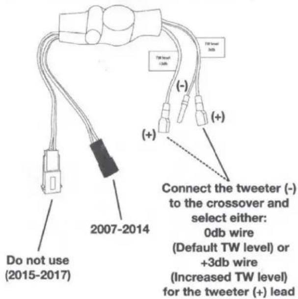 Do not use (2015-2017) 2007-2014 TW level +3db (-) (+) (+) Connect the tweeter (-) to the crossover and select either: 0db wire (Default TW level) or +3db wire (Increased TW level) for the tweeter (+) lead