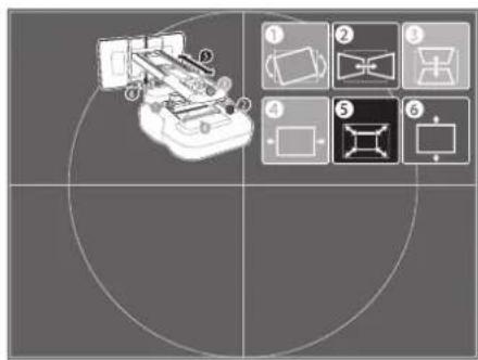 Diagram showing a mechanical device with six labeled components and a circular target grid, likely illustrating a mechanical or electrical component layout.