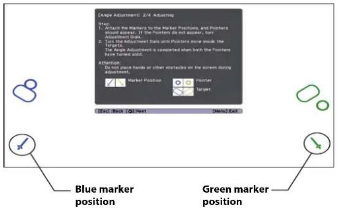 [Angle Adjustment] 2/4 Adjusting Step: 1. Attach the Markers to the Marker Positions And Pointers should appear. If the Pointers do not appear, turn Adjustment Data. 2. Turn that Adjustment Data until Pointers move under the Targets. The Angle Adjustment is completed when both the Pointers have turned sold. Attention: Do not place hands or other obstacles on the screen during adjustment. Marker Position Marker Target [End] Back [O] Next [Menu] Exit Blue marker position Green marker position