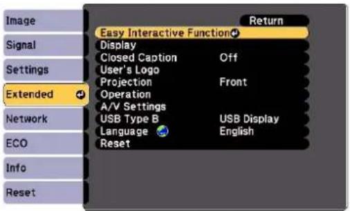 Image Signal Settings Extended Network ECO Info Reset Easy Interactive Function Display Closed Caption Off User's Logo Projection Front Operation A/V Settings USB Type B USB Display Language English Reset