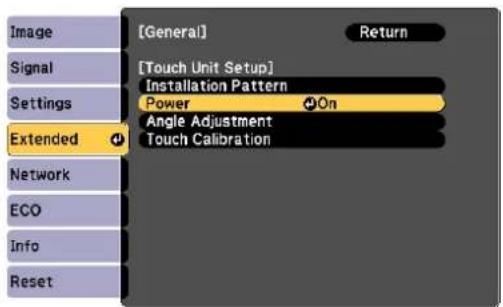 [General] Return [Touch Unit Setup] Installation Pattern Power On Angle Adjustment Touch Calibration Settings Extended Network ECO Info Reset