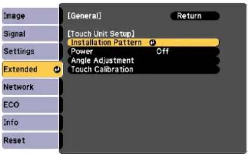 [General] Return [Touch Unit Setup] Installation Pattern Power Off Angle Adjustment Touch Calibration Extended Network ECO Info Reset