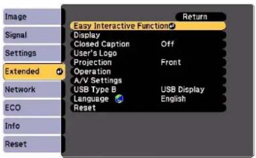 Image Signal Settings Extended Network ECO Info Reset Easy Interactive Function Display Closed Caption Off User's Logo Projection Front Operation A/V Settings USB Type B USB Display Language English Reset