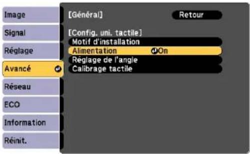 [Général] Retour [Config, uni. tactile] Motif d'installation Alimentation On Réglage de l'angle Calibrage tactile Avancé Réseau ECO Information Réinit.
