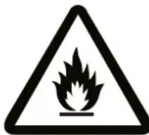Warning sign depicting a flame symbol inside a triangle, commonly used in safety or hazard prevention.