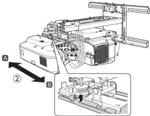Technical diagram of a mechanical device with labeled parts A and B, showing internal components and directional arrows.