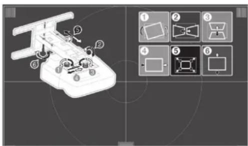 Diagram of a robotic arm with numbered parts and corresponding schematic views labeled 1 through 6.