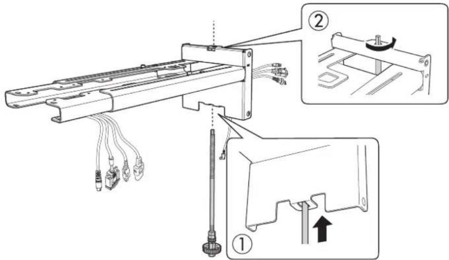 Technical diagram showing assembly steps of a mechanical device with labeled components and directional arrows