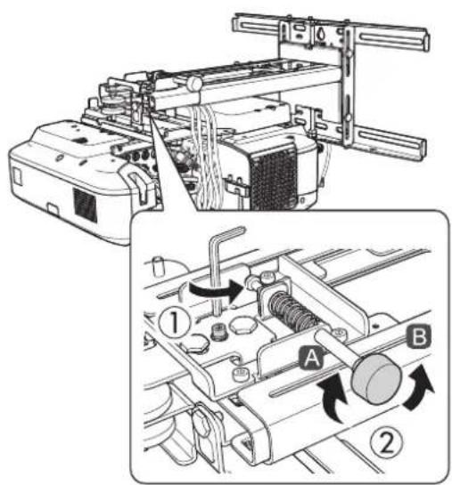 Technical diagram of a mechanical assembly with labeled parts A and B, showing internal components and directional arrows.