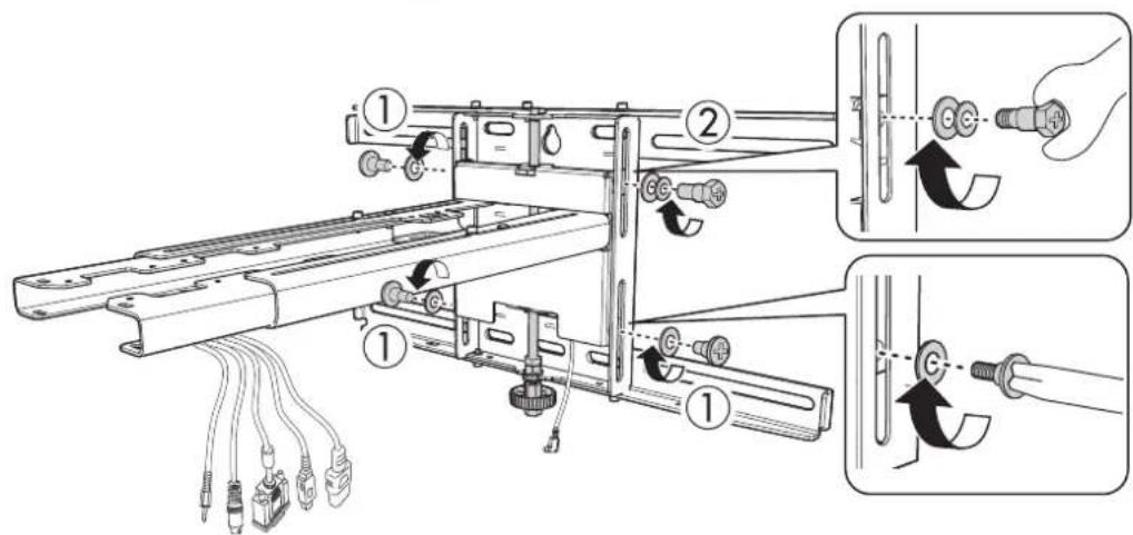 Technical diagram showing assembly steps of a mechanical device with labeled components and directional arrows indicating movement.