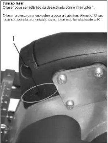 Função laser O laser pode ser activado ou desactivado com o interruptor 1. O laser proyecta uma raio sobre a peça a trabalhar. Atençao! O raio laser só assinala a orientação do corte se este for effecto do a 90°