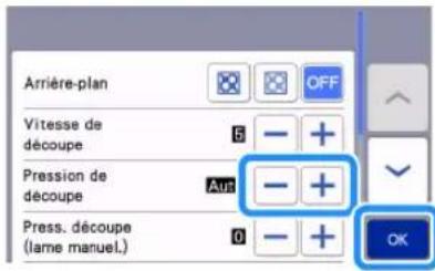 Arrière-plan OFF Vitesse de découpe 5 + Pression de découpe AUF - + Press. découpe (lame manuel.) 0 + OK