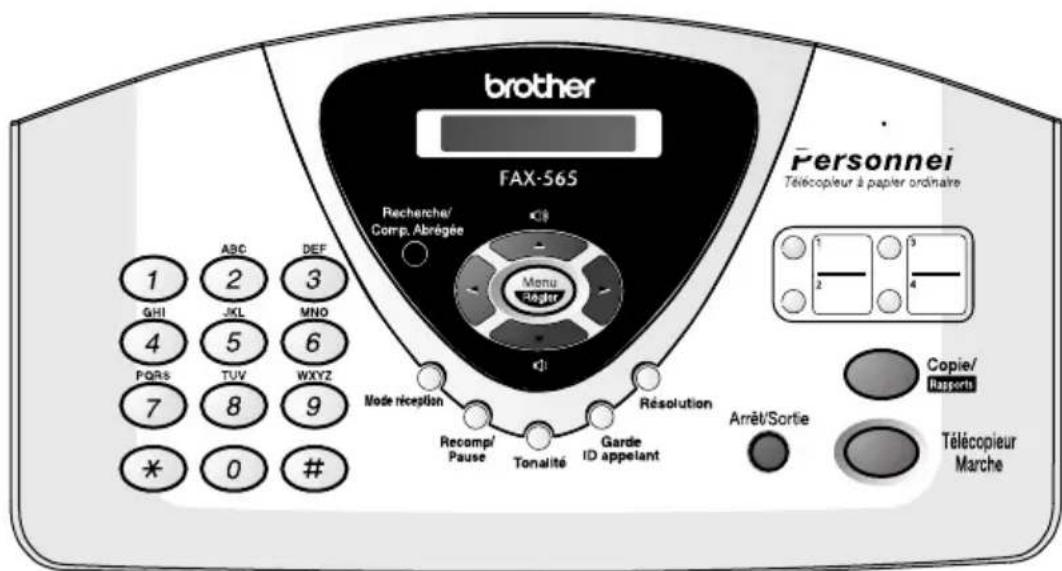 brother FAX-565 Recherche/ Comp. Abrégée Menu Regier Personnel Télécopieur à papier ordinaire 1 ABC DEF 2 3 GHI JKL MNO 4 5 6 PQRS TUV WXYZ 7 8 9 * 0 # Node riception Recomp/ Pause Tonalité Garde ID appelant Résolution Arrêt/Sortie Copie/ Bausorts Télécopieur Marche
