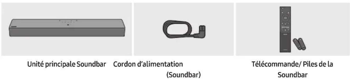 Unité principale Soundbar Cordon d'alimentation (Soundbar) Télécommande/ Piles de la Soundbar