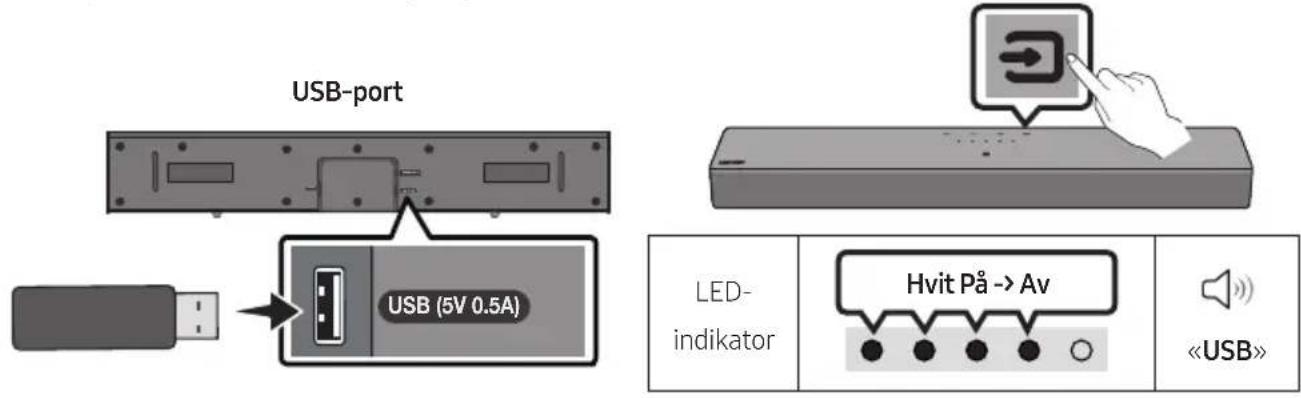 USB-port USB (5V 0.5A) LED- indikator Hvit På -> Av «USB»