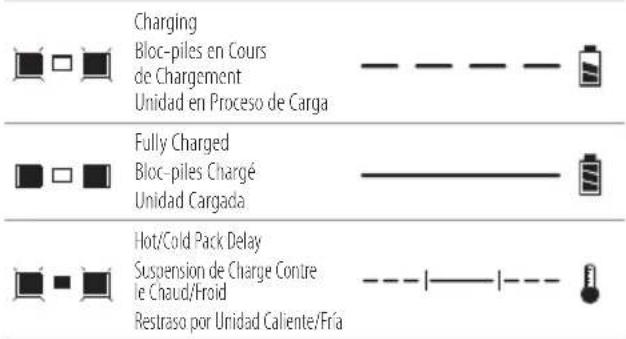 Charging Bloc-piles en Cours de Chargement Unidad en Proceso de Carga Fully Charged Bloc-piles Chargé Unidad Cargada Hot/Cold Pack Delay Suspension de Charge Contre le Chaud/Froid Restraso por Unidad Caliente/Fría