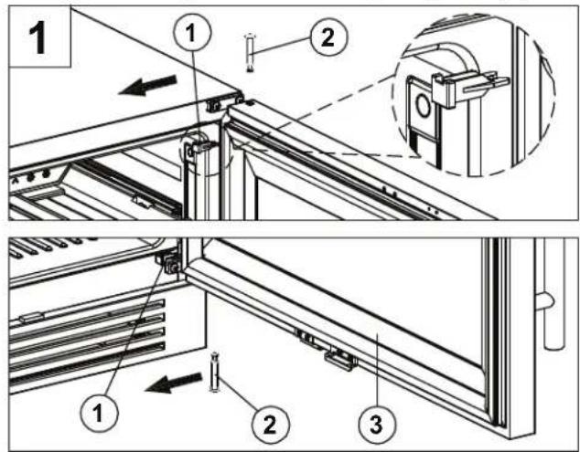 Technical diagram showing mechanical assembly steps with numbered components and directional arrows indicating movement
