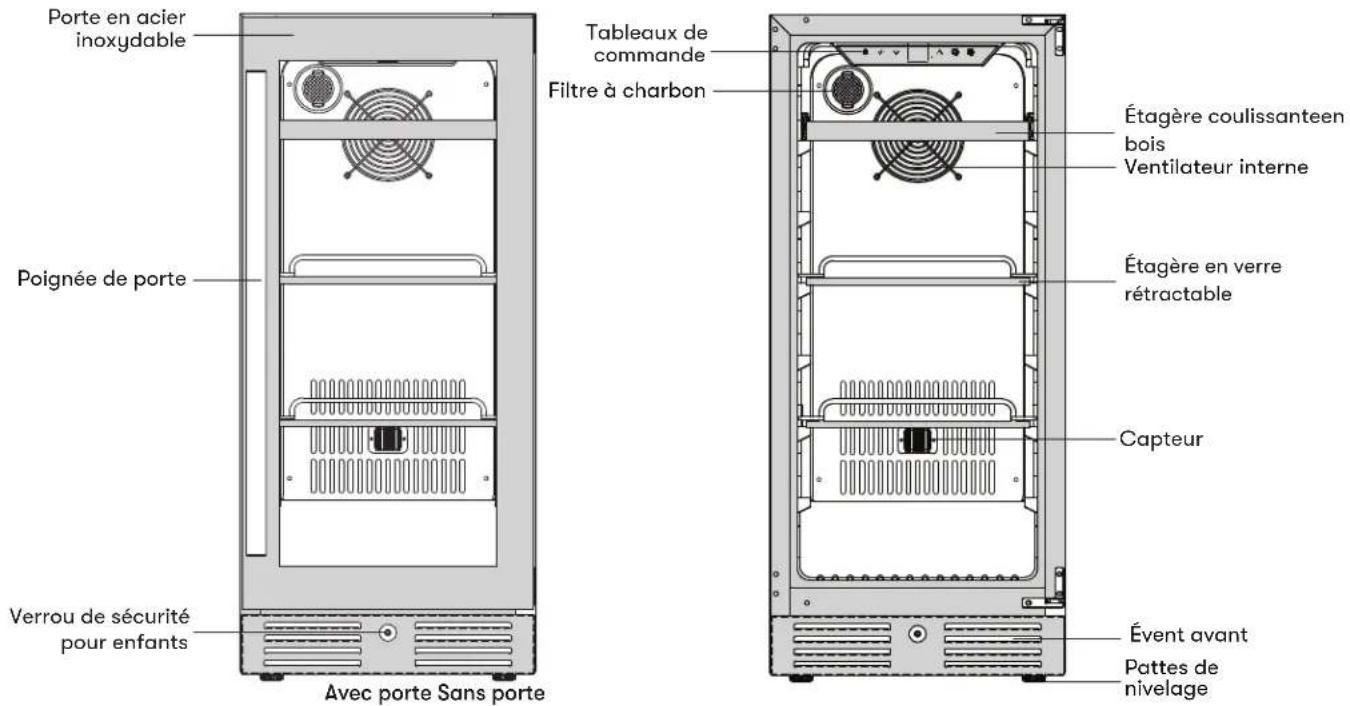Porte en acier inoxydable Poignée de porte Verrou de sécurité pour enfants Avec porte Sans porte Tableaux de commande Filtre à charbon Étagère coulissanteen bois Ventilateur interne Étagère en verre rétractable Capteur Évent avant Pattes de nivelage