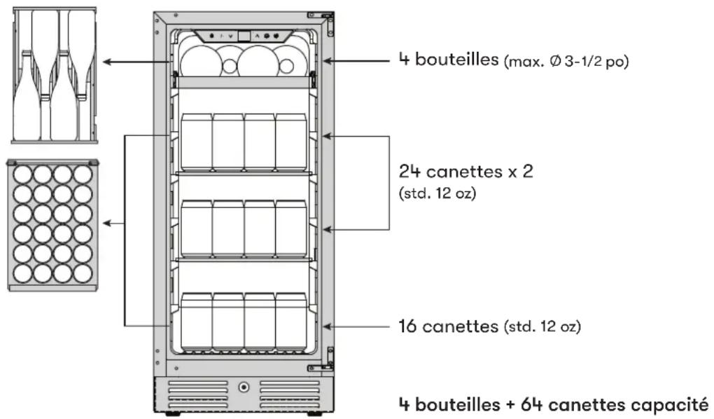 4 bouteilles (max. Ø 3-1/2 po) 24 canettes x 2 (std. 12 oz) 16 canettes (std. 12 oz) 4 bouteilles + 64 canettes capacité
