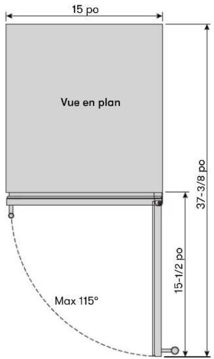 15 po Vue en plan 37-3/8 po Max 115° 15-1/2 po