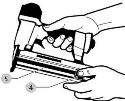 Technical diagram showing hands operating a fastener with labeled parts 4 and 5