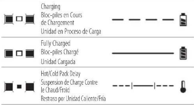 Charging Bloc-piles en Cours de Chargement Unidad en Proceso de Carga Fully Charged Bloc-piles Chargé Unidad Cargada Hot/Cold Pack Delay Suspension de Charge Contre le Chaud/Froid Restraso por Unidad Caliente/Fria