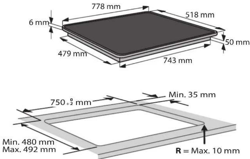 778 mm 518 mm 6 mm 479 mm 50 mm 743 mm 750 0 +2 mm Min. 35 mm Min. 480 mm Max. 492 mm R = Max. 10 mm