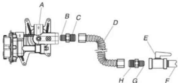 Technical diagram of a mechanical assembly with labeled components A through H