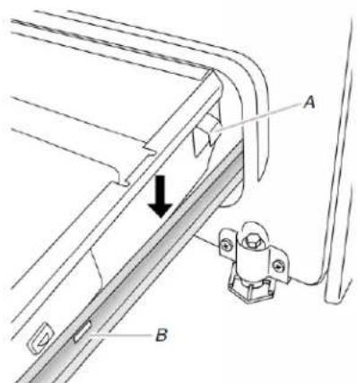 Technical diagram showing mechanical assembly with labeled parts A and B, including a downward arrow indicating motion or force.