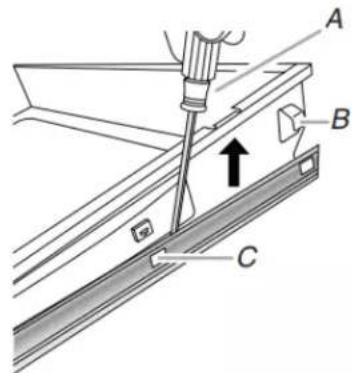 Technical diagram showing a mechanical assembly with labeled parts A, B, and C, including a directional arrow indicating motion or force.