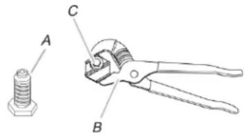 Technical diagram showing a bolt and a pliers with labeled parts A, B, and C