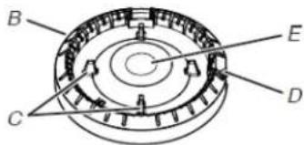 Technical diagram of a mechanical or electrical component with labeled parts A, B, C, D, and E