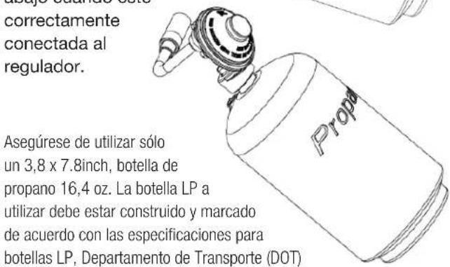 correctamente conectada al regulador. Asegúrese de utilizar sólo un 3,8 x 7.8inch, botella de propano 16,4 oz. La botella LP a utilizar debe estar construido y marcado de acuerdo con las especificaciones para botellas LP, Departamento de Transporte (DOT)