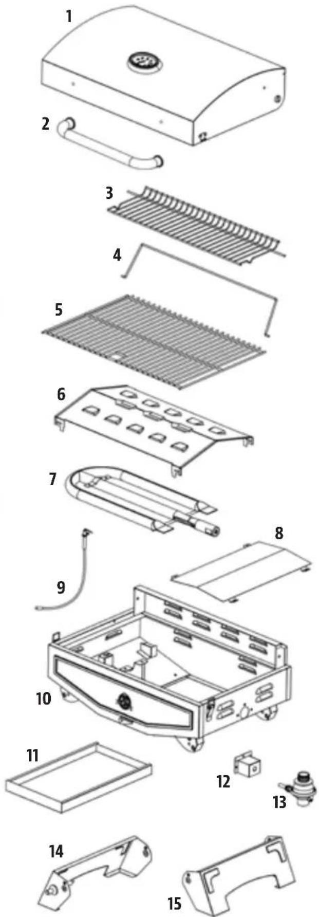 Exploded view diagram of a household appliance with numbered parts for identification