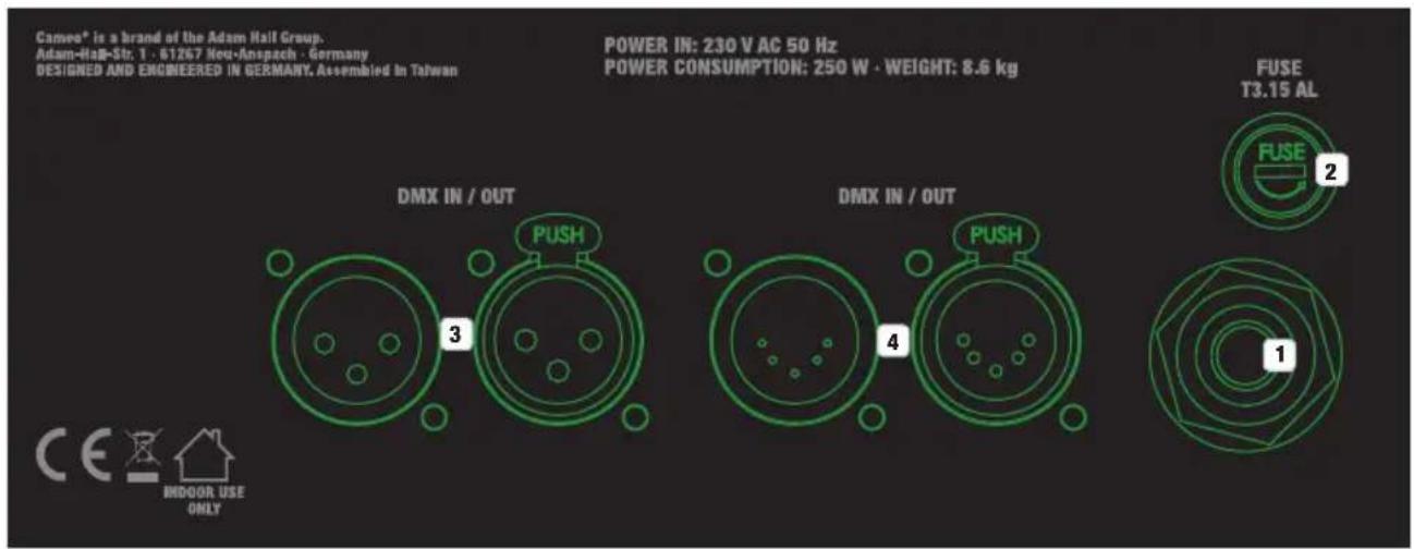 Cameo® is a brand of the Adam Hall Group. Adam-Hall-Str: 1 - 61267 Neu-Anspach - Germany DESIGNED AND ENGINEERED IN GERMANY, Assembled In Taiwan POWER IN: 230 V AC 50 Hz POWER CONSUMPTION: 250 W • WEIGHT: 8.6 kg FUSE T3.15 AL DMX IN / OUT PUSH 3 DMX IN / OUT PUSH 4 CE INDOOR USE ONLY 1 2