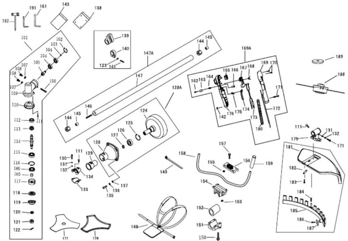 Exploded view diagram of a mechanical assembly with numbered parts and exploded views