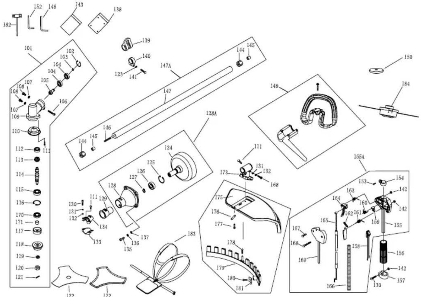 Exploded view diagram of a mechanical assembly with numbered parts and component labels