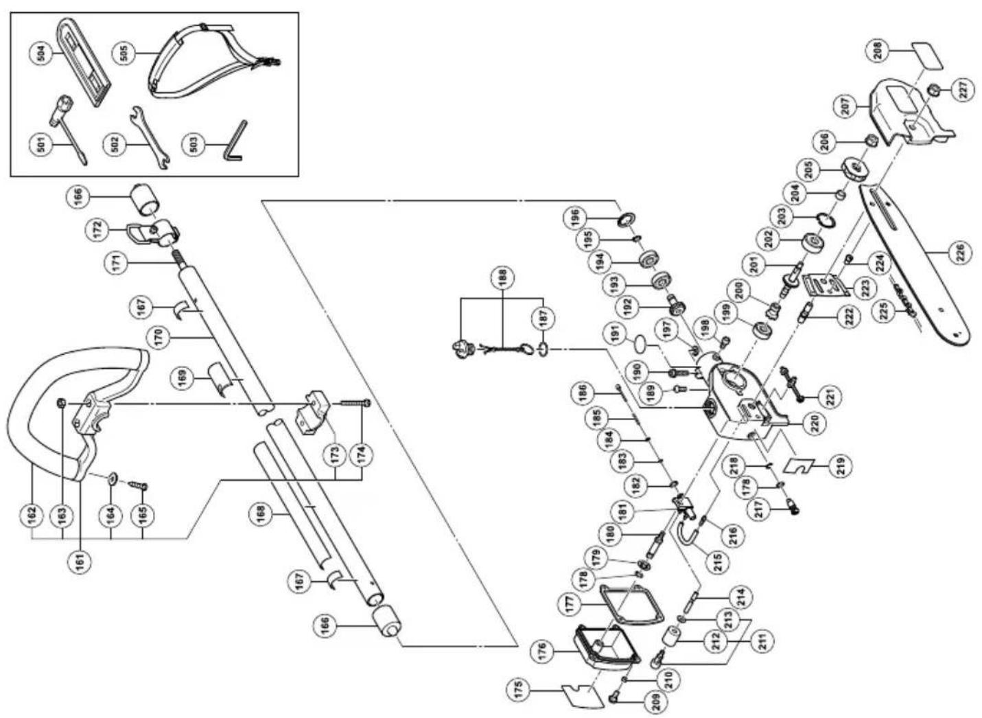 Exploded view diagram of a mechanical device with numbered parts and exploded views for assembly or maintenance.
