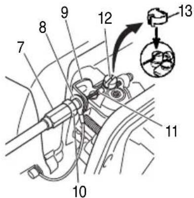 Technical diagram of a mechanical assembly with numbered components and an inset showing a magnified view of a component labeled 13.