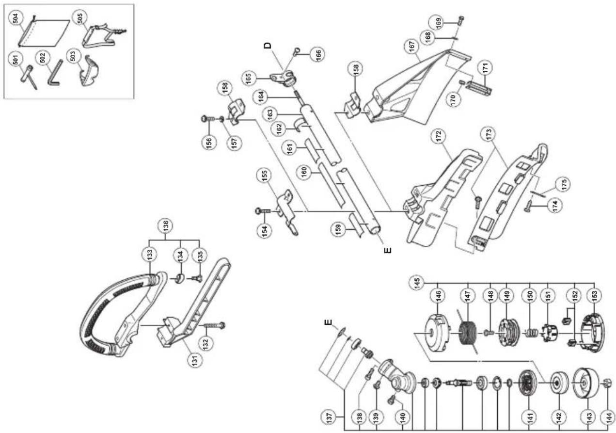 Technical diagram of a mechanical assembly with labeled parts and exploded views, including exploded view and detailed exploded views.