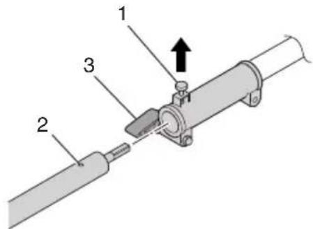 Technical diagram of a mechanical assembly with numbered components and an upward arrow indicating motion or force