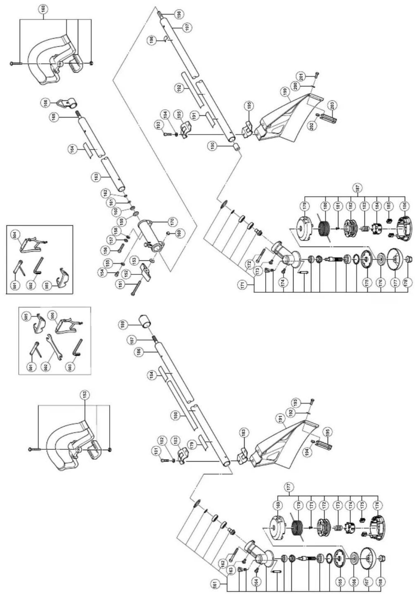 Technical diagram of a mechanical assembly with numbered components and exploded views, likely for assembly or maintenance instructions.