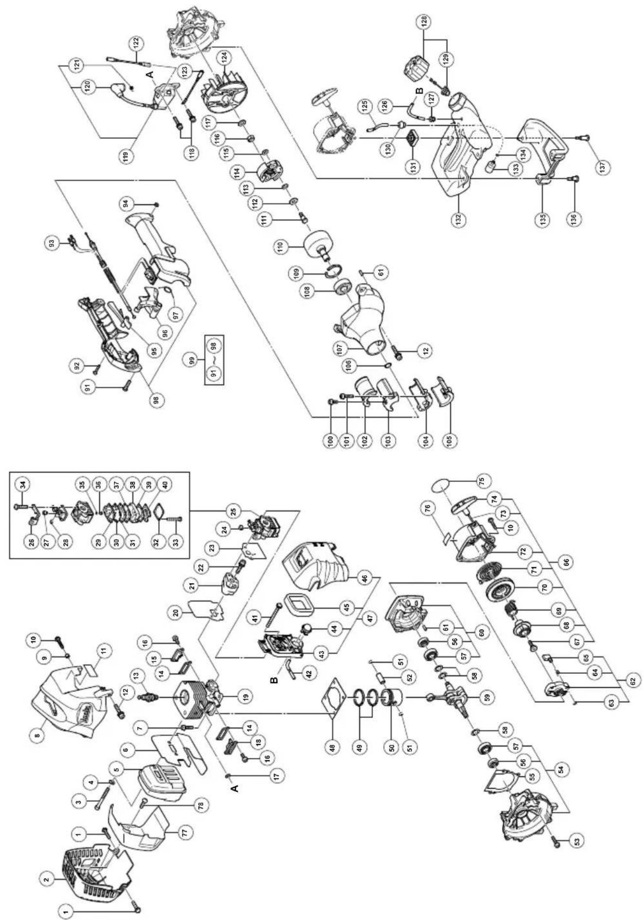 Exploded view diagram of a mechanical assembly with numbered components and exploded views A and B