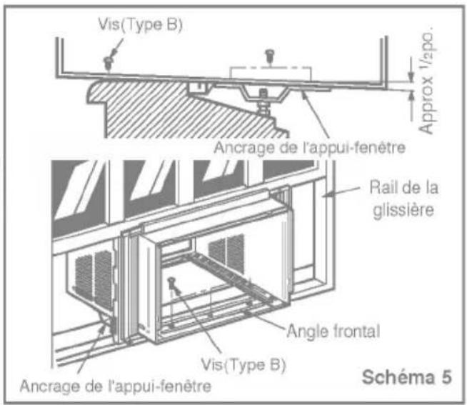 Vis(Type B) Ancrage de l'appui-fenêtre Rail de la glissière Angle frontal Vis(Type B) Ancrage de l'appui-fenêtre Schéma 5 Approx 1/2 po.