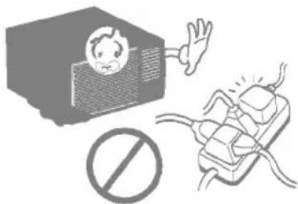 Safety warning illustration showing a distressed person exiting a TV while another person reacts with a device to avoid a prohibition symbol.