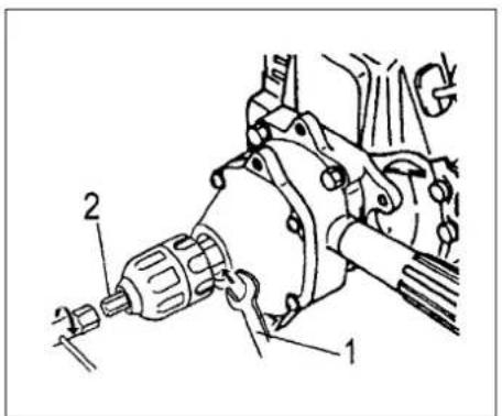 Technical diagram of a mechanical assembly with labeled parts 1 and 2